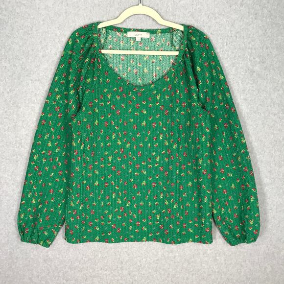 Loft Top Women Medium Green Ditsy Floral Waffle Shirt Basic Cottage Grandma Knit - Picture 1 of 9